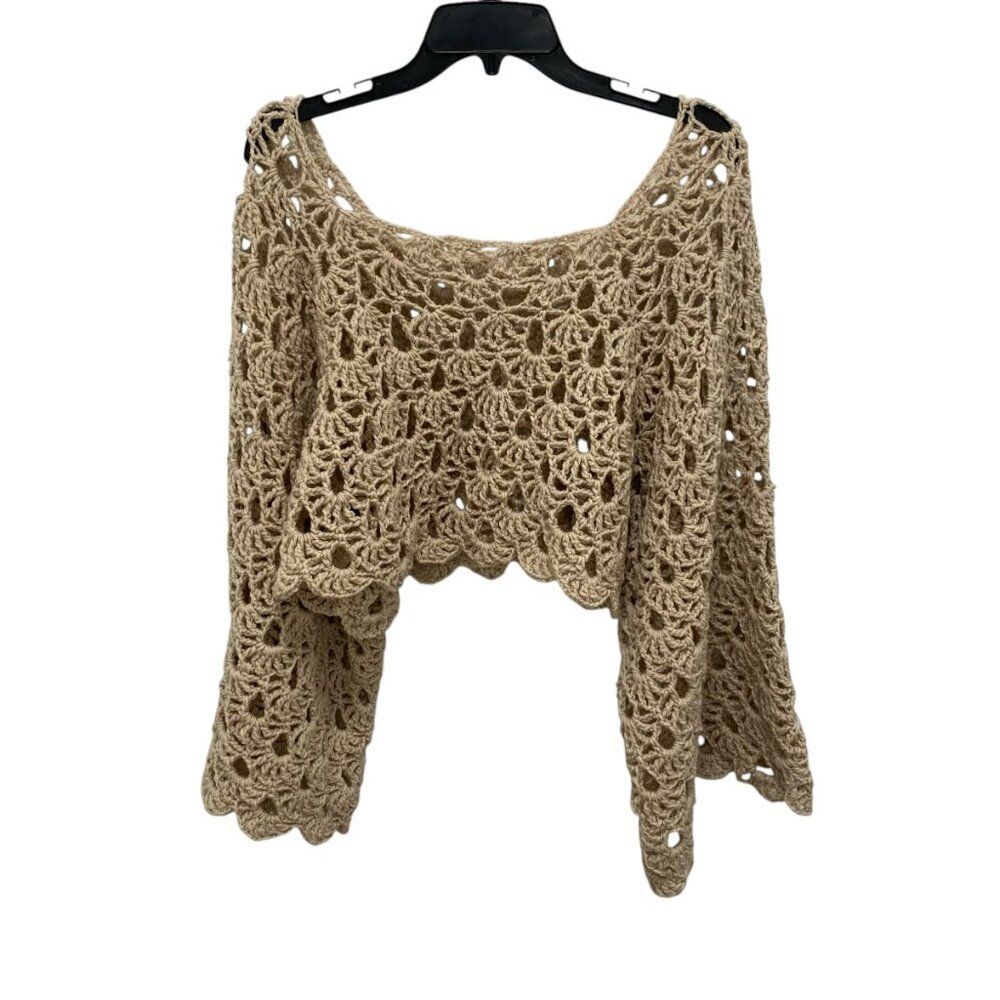 Women's Oversize Crochet Square Neck Wide Sleeve Lace Silhouette Crop Top. Chic
